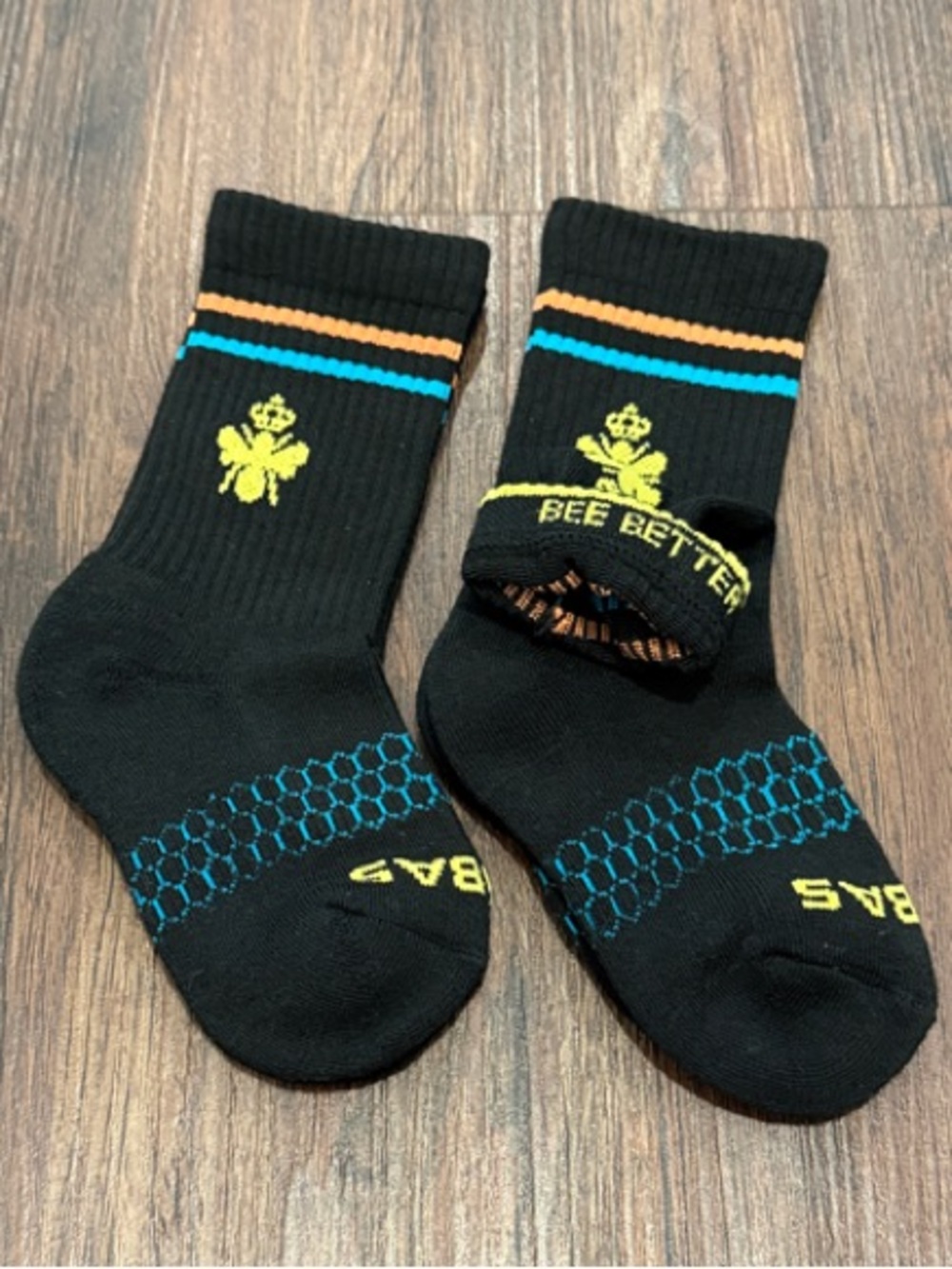 Kids Bombas (2) ‘Bee Better’ XS Black Socks with Yellow Bee and Blue Accents